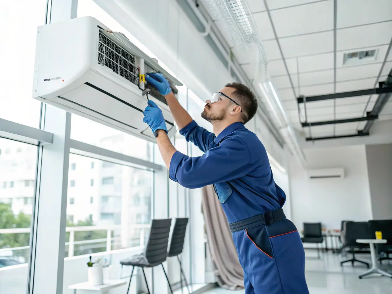 A Michaels HVAC Pros technician performing a detailed inspection and maintenance check on a central air conditioning unit, ensuring optimal performance and longevity.