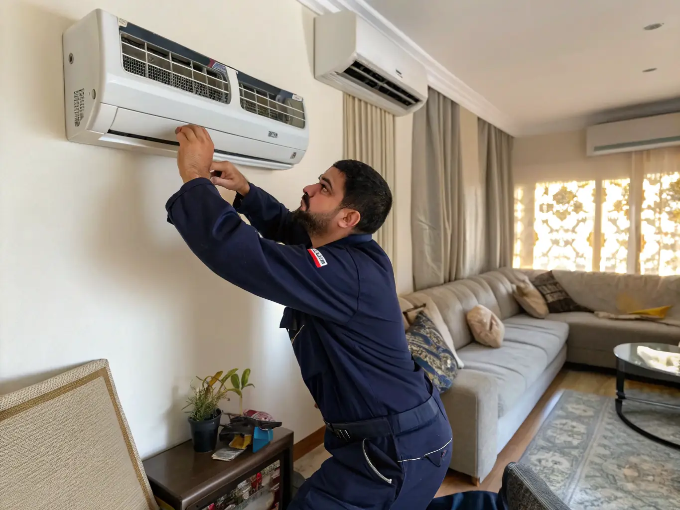 A Michaels HVAC Pros technician expertly installing a modern, energy-efficient mini-split air conditioning system in a residential living room, showcasing precision and care.