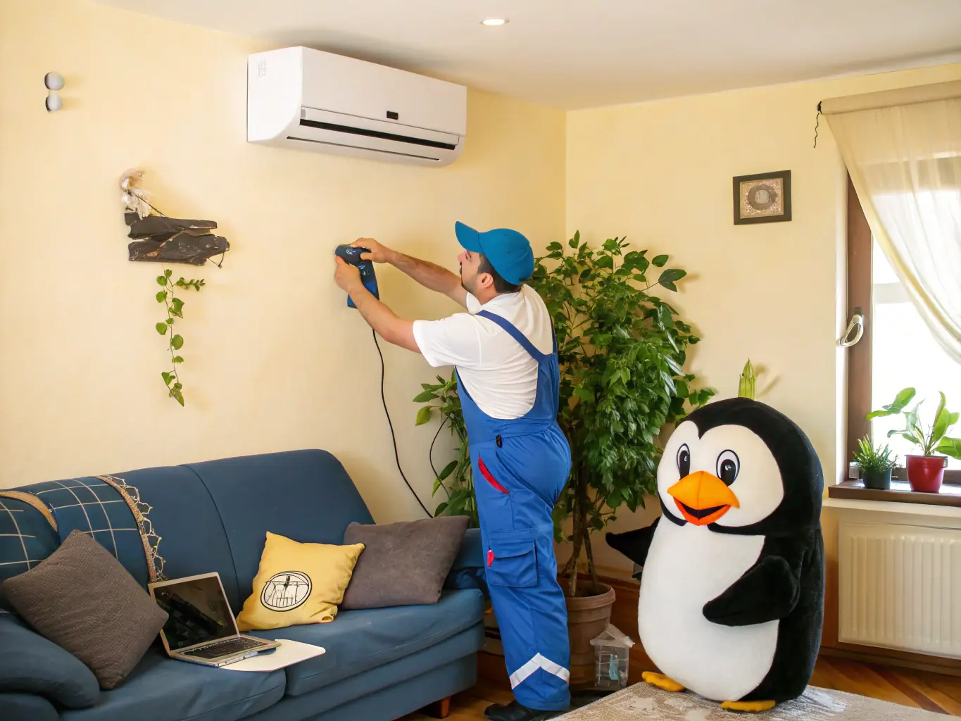 A technician expertly repairing a mini-split AC unit in a residential setting, showcasing Michaels HVAC Pros' expertise in ductless systems.