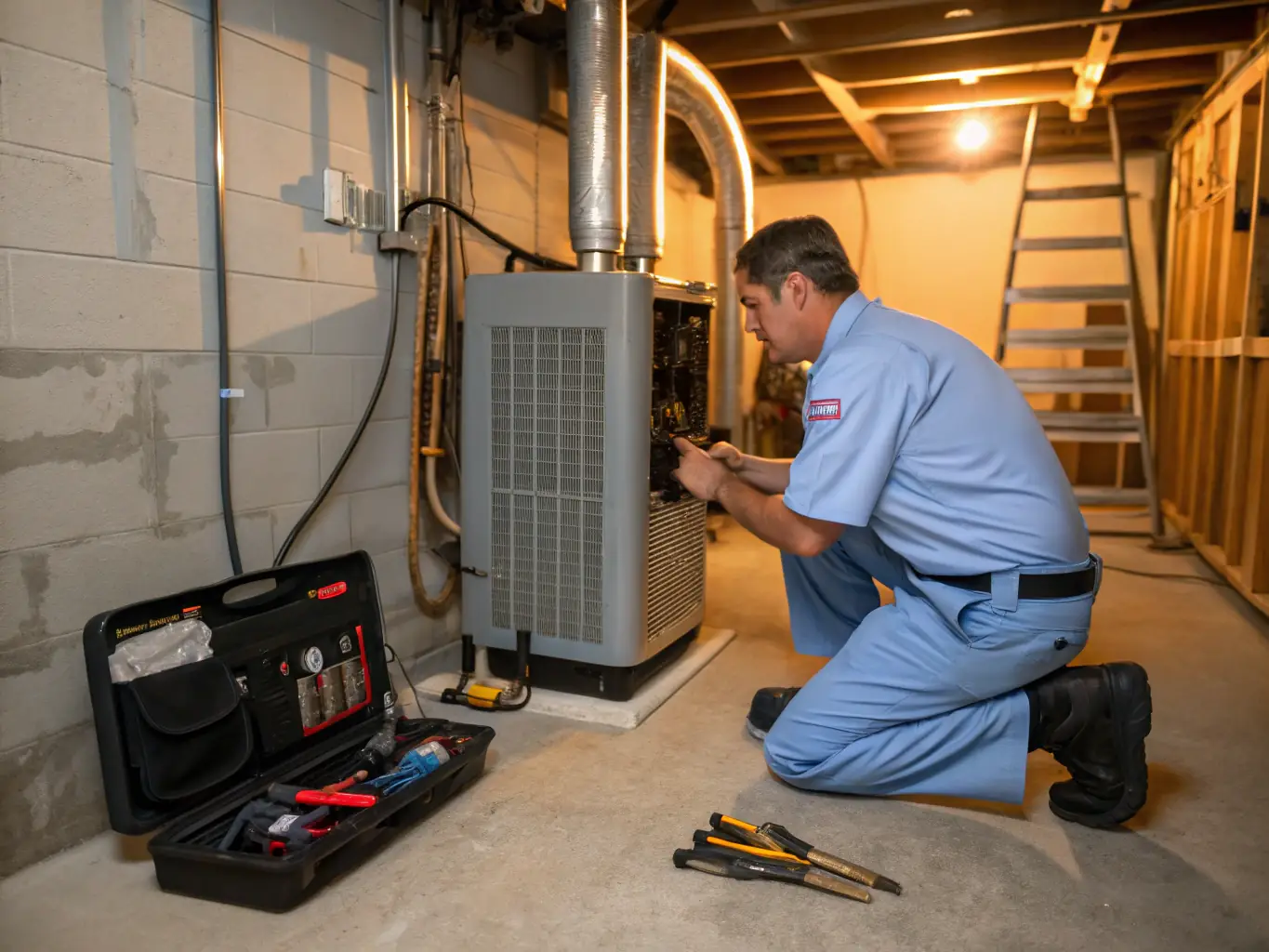 A technician performing maintenance on a home furnace, emphasizing Michaels HVAC Pros' commitment to heating solutions.