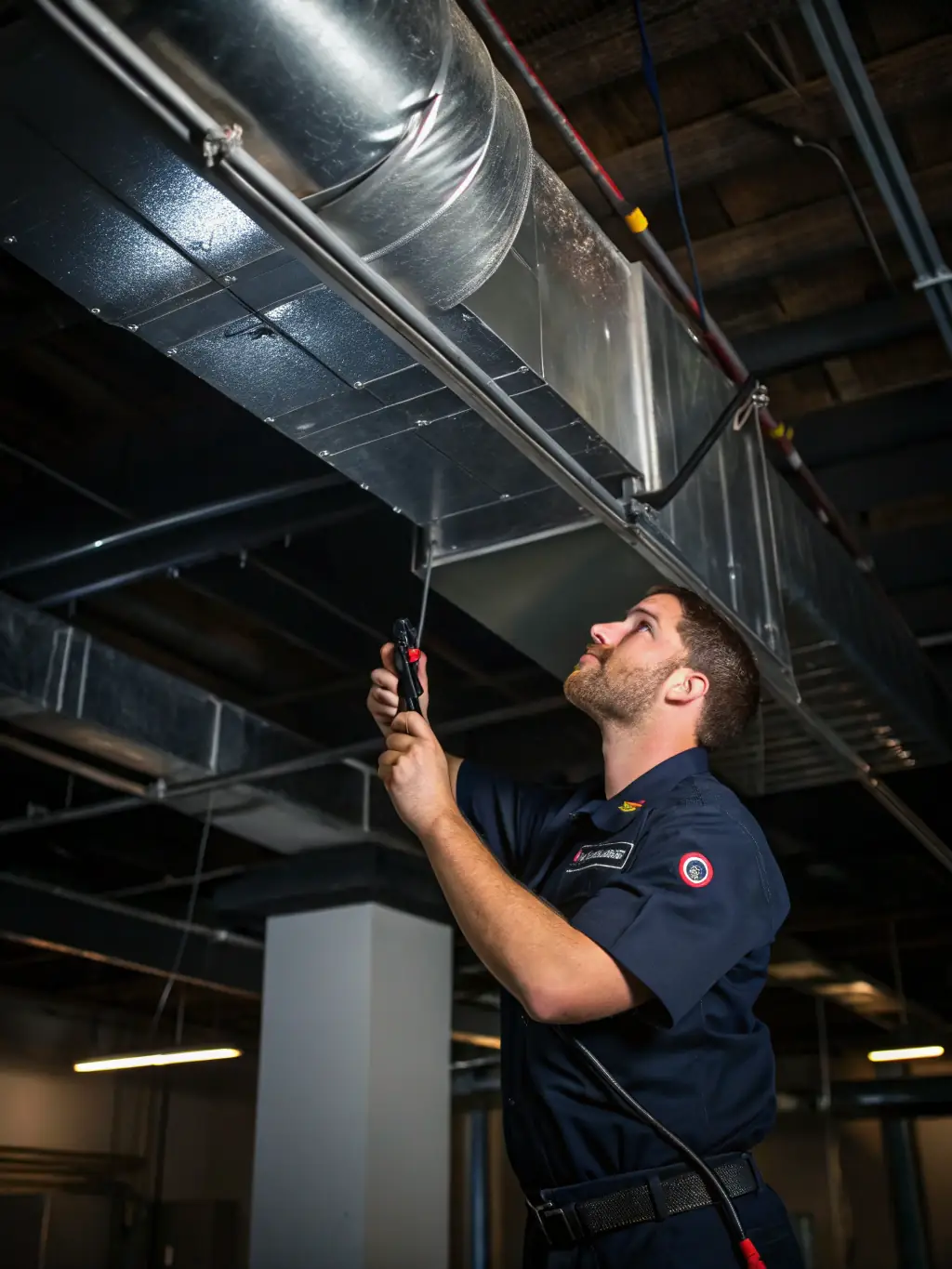 A professional HVAC technician inspecting the ductwork of a central AC system in a residential home, ensuring proper airflow and identifying potential leaks.