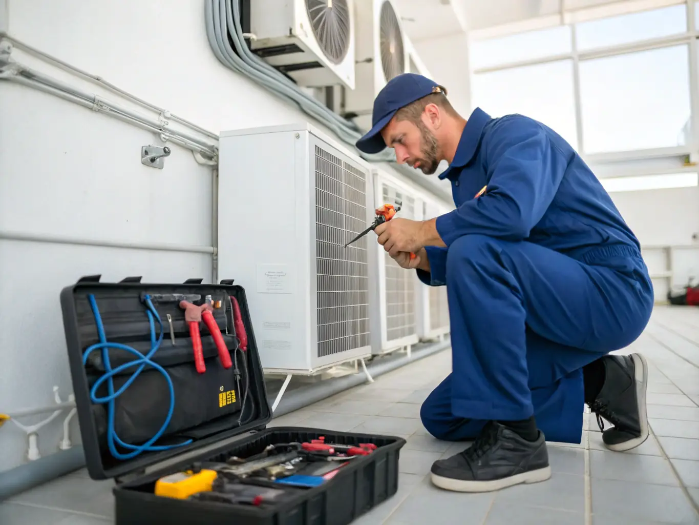 A technician from Michaels HVAC Pros performing routine maintenance on a heating system, checking filters and cleaning components to ensure optimal performance and longevity. The setting is a clean and organized utility room.