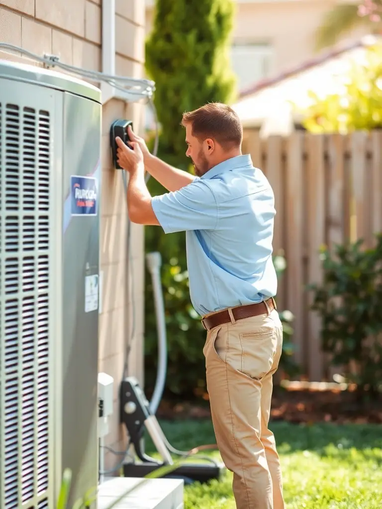 A technician repairing the outdoor condenser unit of a central AC system, with tools and diagnostic equipment visible.