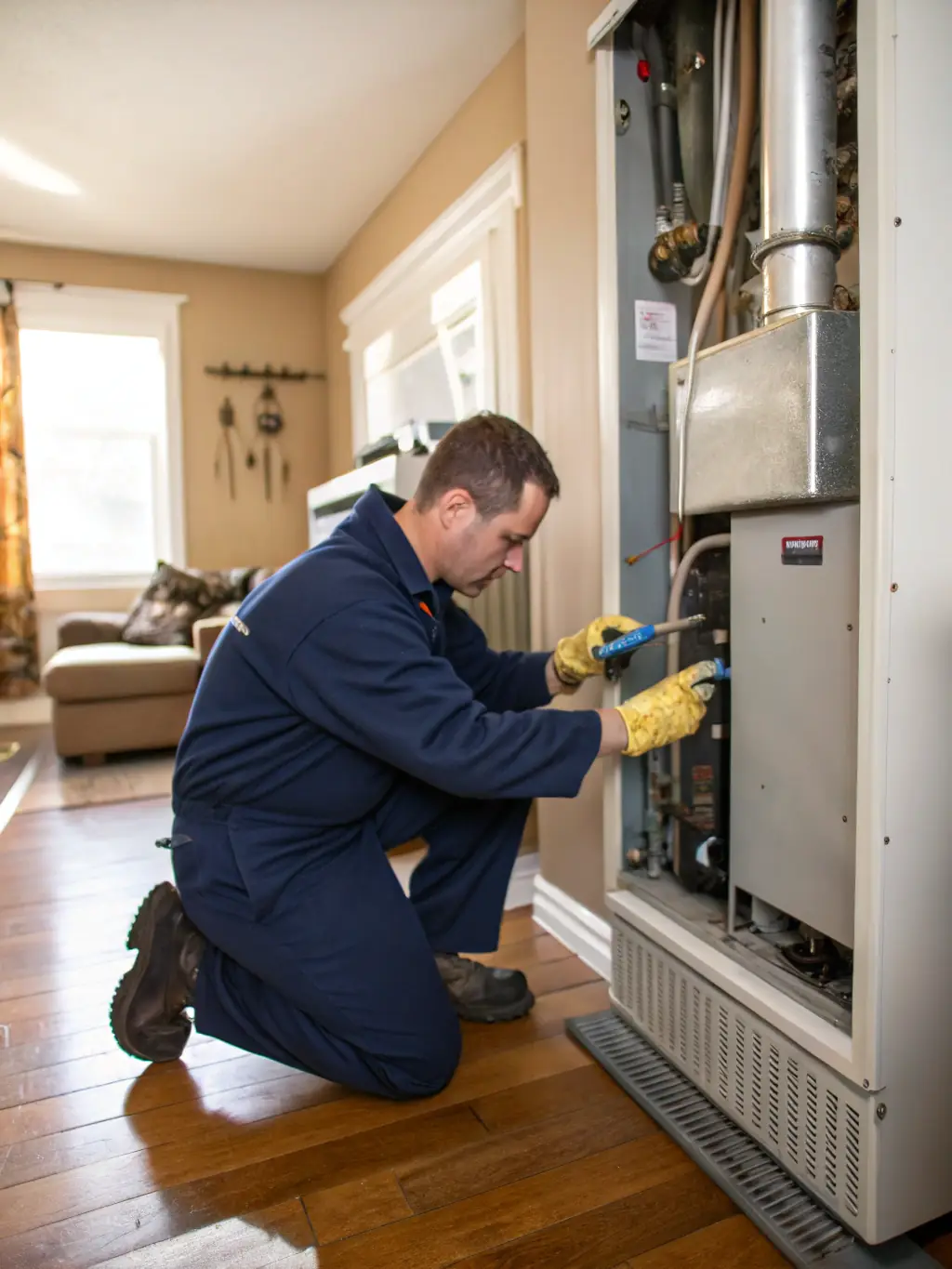 A technician repairing a furnace, emphasizing the importance of prompt and reliable heating repairs during the winter.