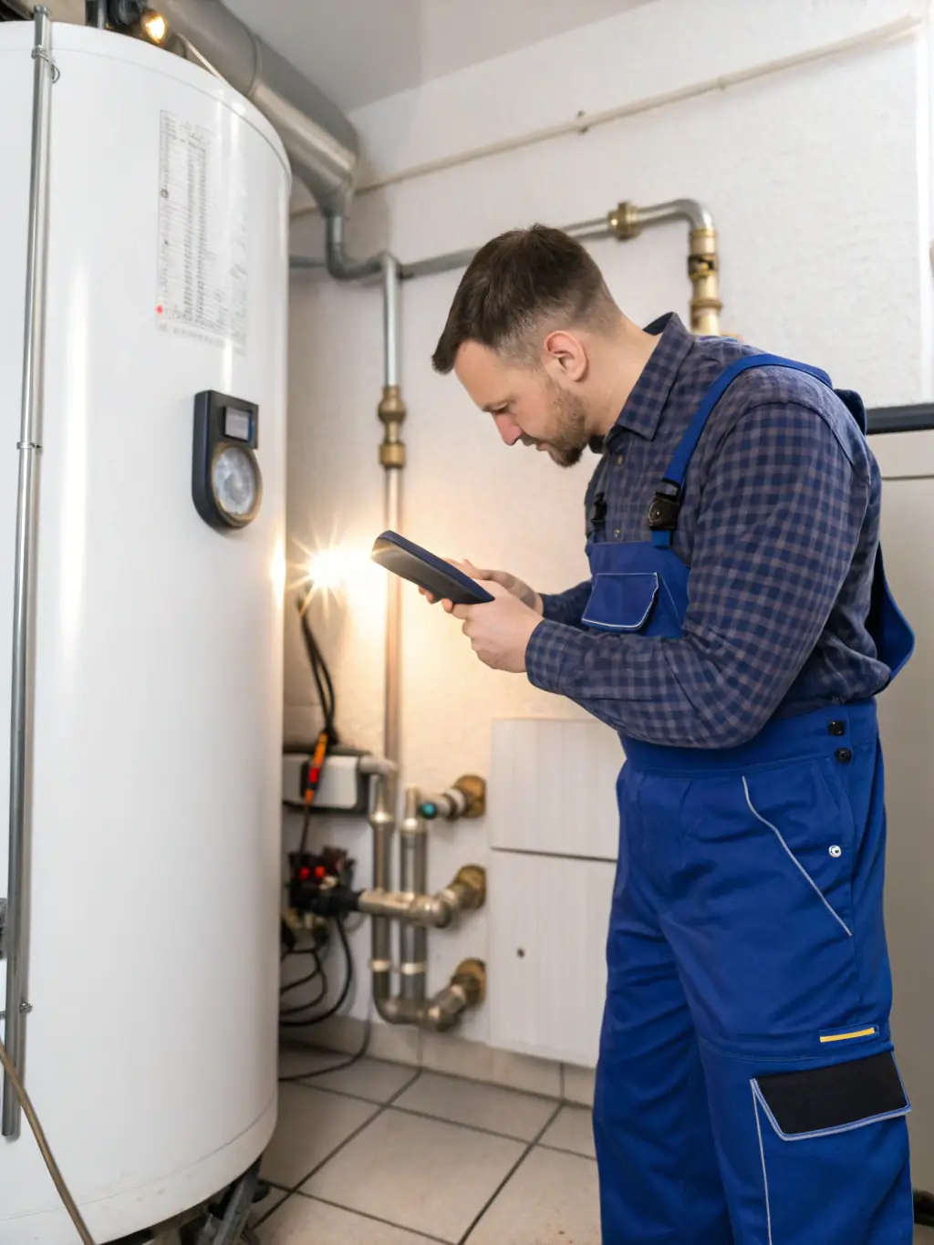 A technician servicing a gas boiler in a basement, with safety equipment and tools.