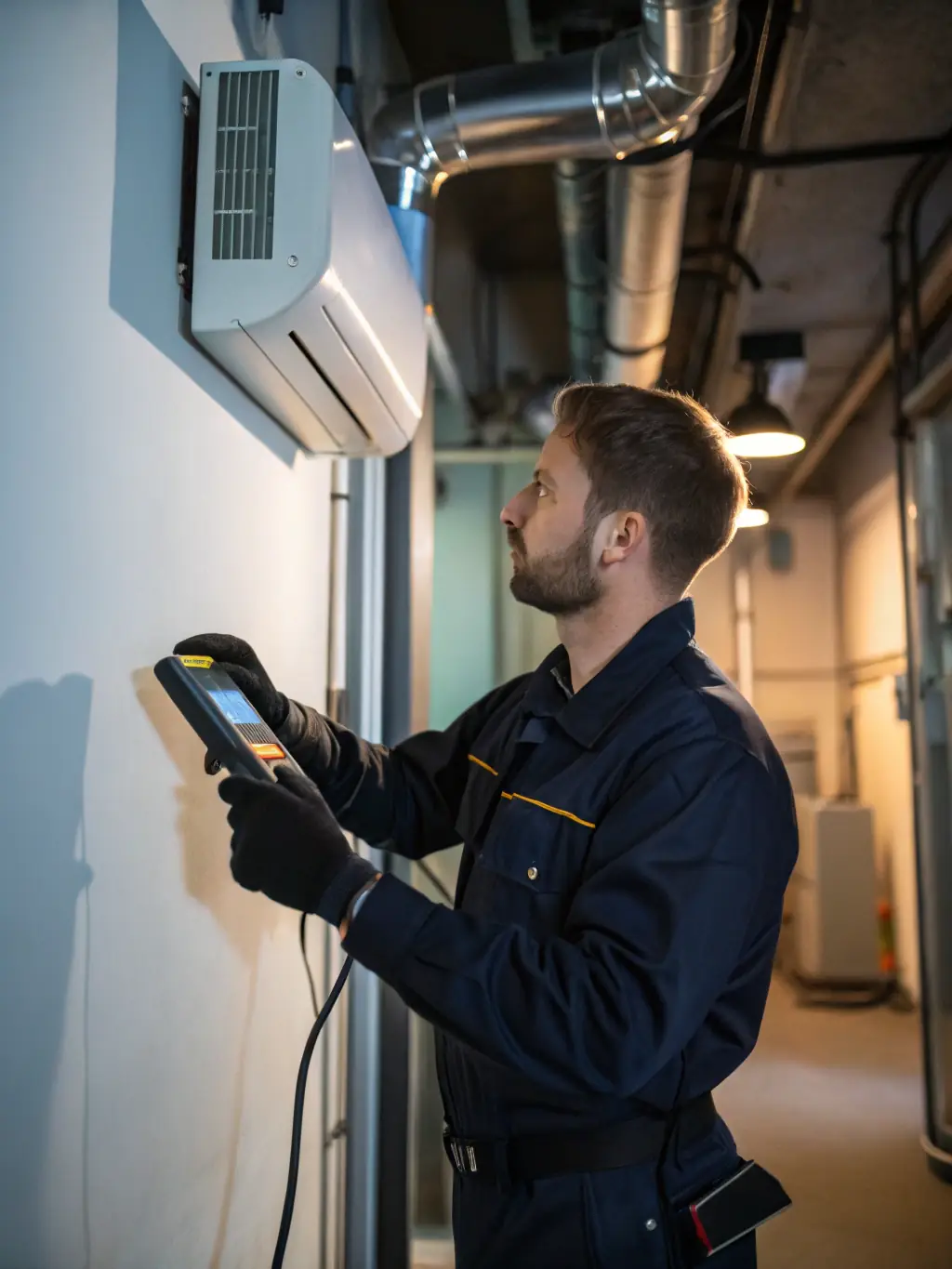 A technician performing routine maintenance on an AC unit, checking refrigerant levels and cleaning components.