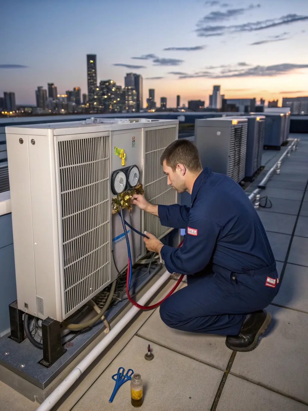 A technician diagnosing a central AC unit on a residential rooftop, with diagnostic tools visible.