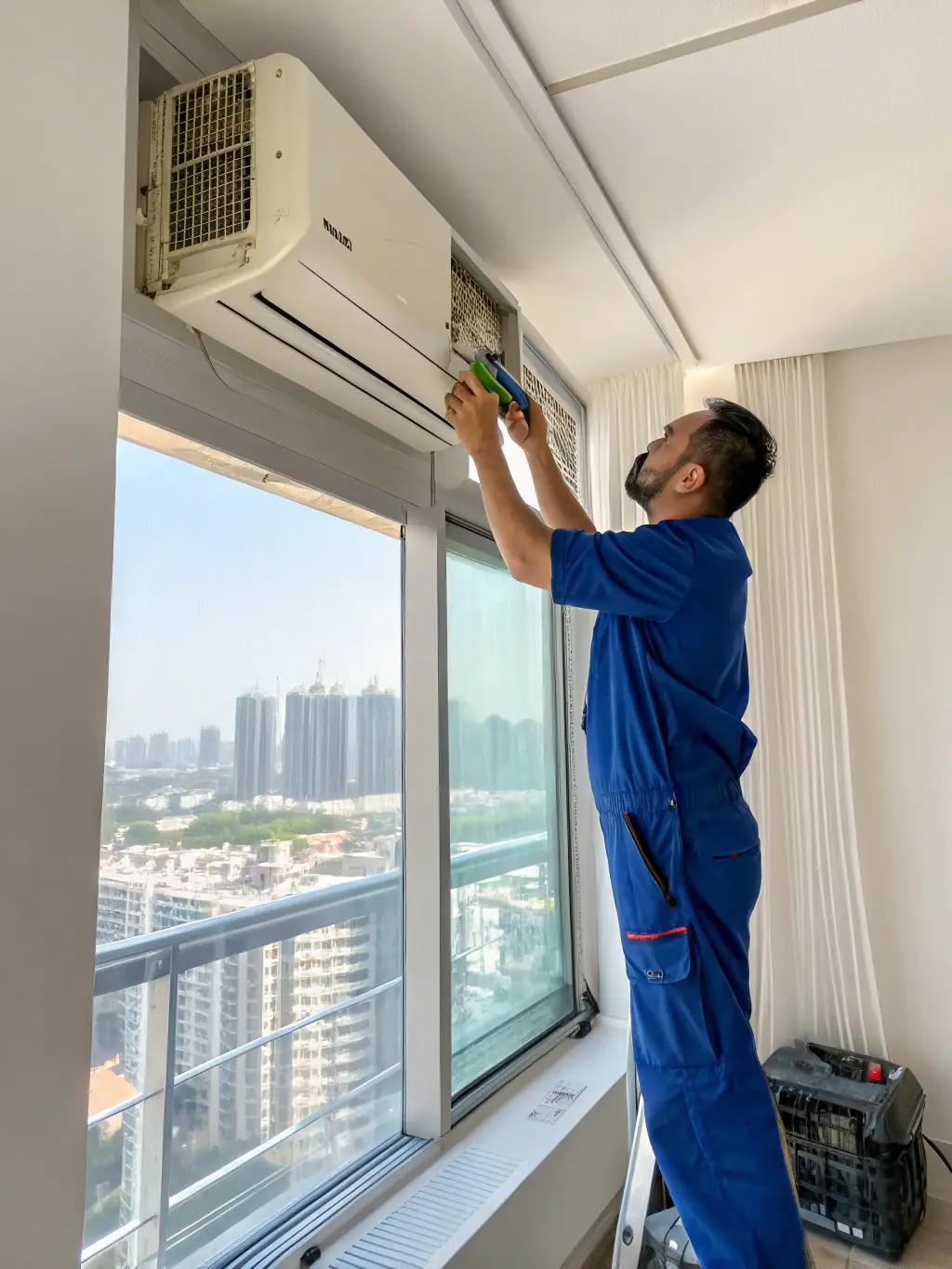 A technician expertly installing a Gree mini-split system in a modern living room, showcasing the sleek design and efficient cooling.
