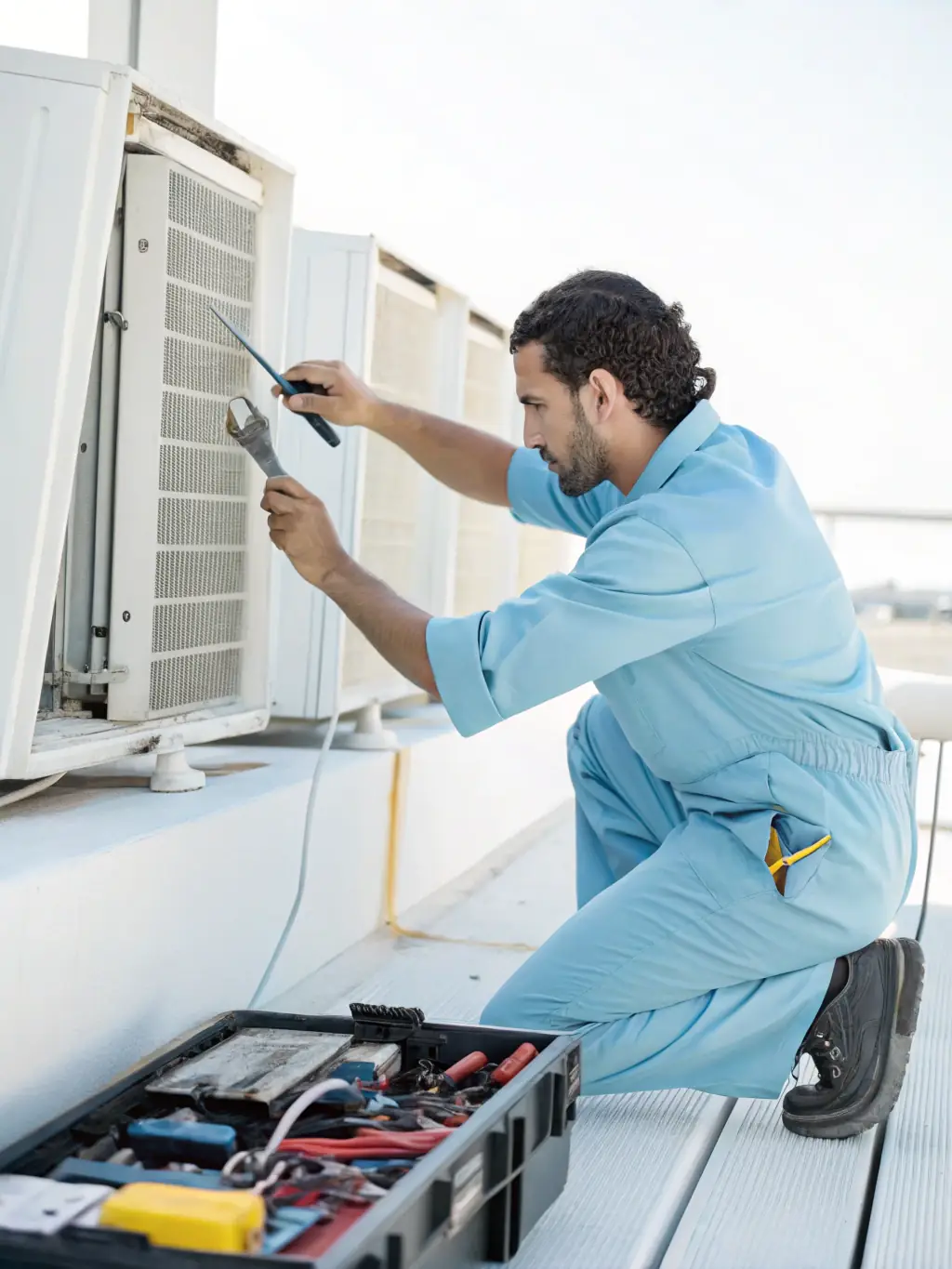 A technician servicing a central AC unit outdoors, highlighting the importance of regular maintenance for optimal performance.