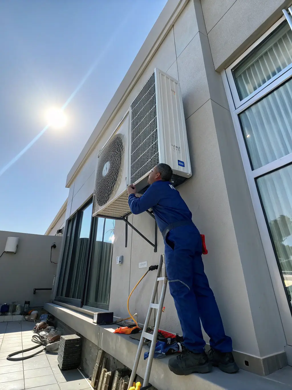A brand new, energy-efficient central AC unit being installed in a home, showcasing the modern design and advanced features.