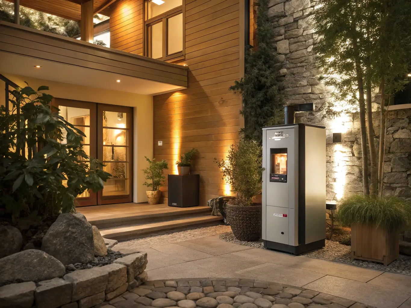 A newly installed, energy-efficient oil boiler in a residential home, showcasing modern design and safety features. The boiler is connected to a network of pipes and is ready for operation.