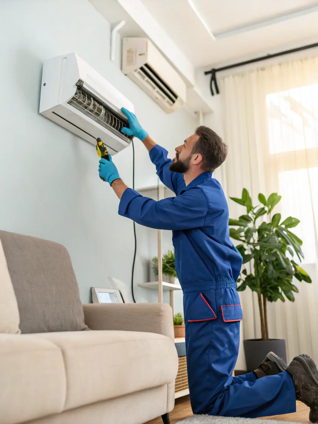 A technician performing routine maintenance on a central AC system, including cleaning coils and checking refrigerant levels.