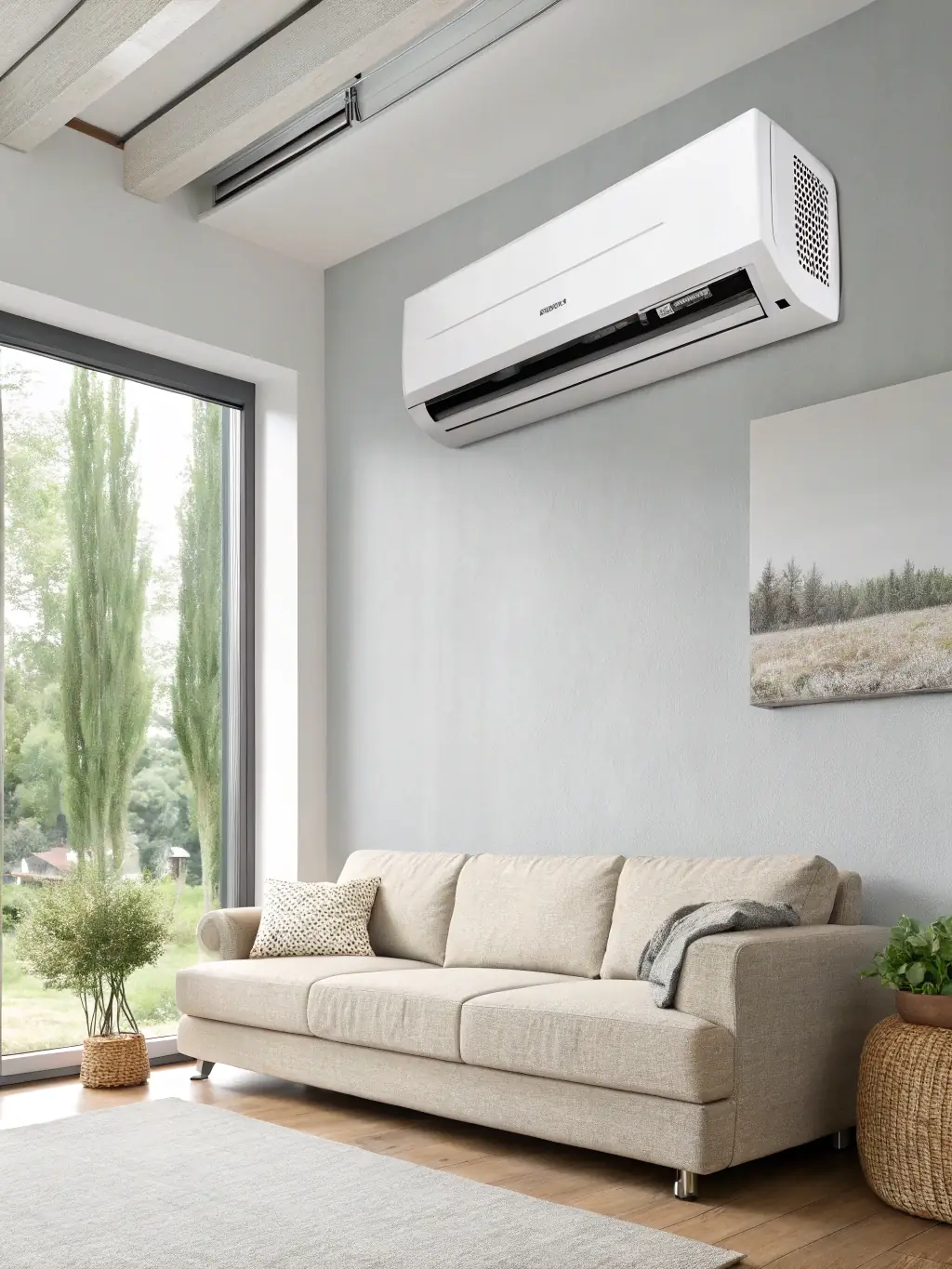 A modern mini-split AC unit installed in a living room, showcasing its sleek design and quiet operation.