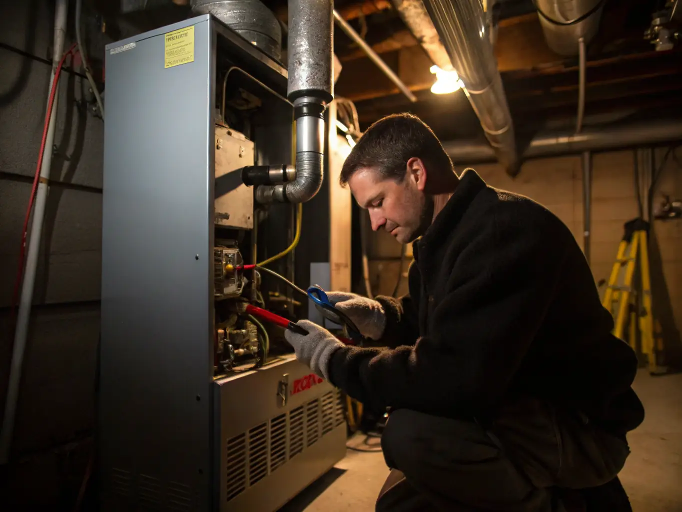 A technician from Michaels HVAC Pros is servicing a gas furnace, using diagnostic tools to check for leaks and ensure efficient operation. The setting is a well-lit basement with visible gas pipes and safety equipment.